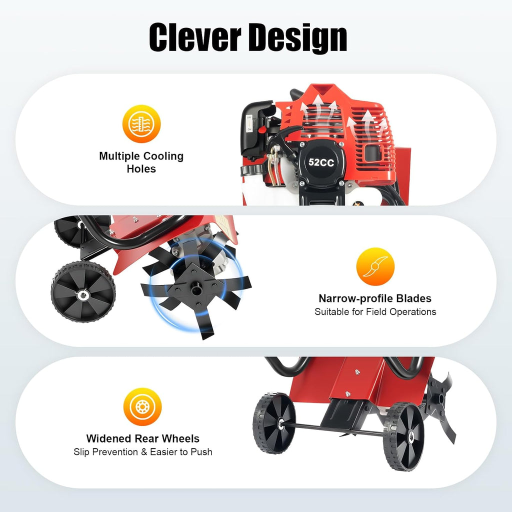 Gas Rototiller, 2-Stroke 52CC 1.9kw Mini Gasoline Tiller, Hand-Pull Recoil Start Gas Power Garden Tiller Cultivator, Mini Garden Tiller Rototiller, Hand Push Rotary Cultivator for Sandy Land Loose