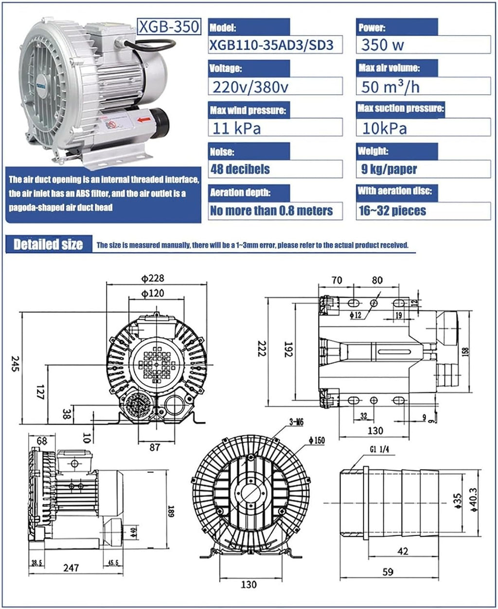 High-Pressure Regenerative Vortex Ring Blower - 480V Three-Phase, 350W for Industrial Construction, Textile Manufacturing & Fish Pond Aeration