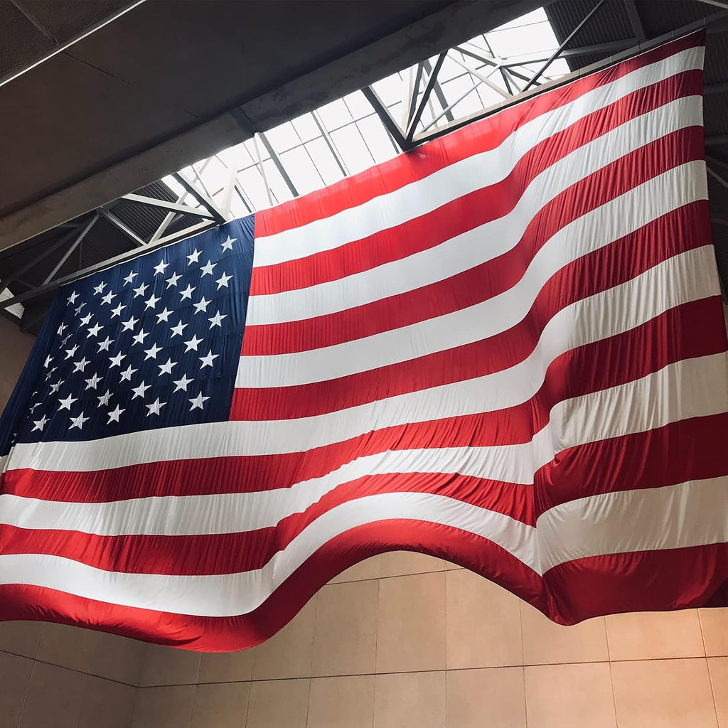 SYII American Flag 10x19 Ft Outdoor, Luxury Embroidered Stars and Double Stitched Sewn Stripes, Heavy Duty Polyester US Flags with Canvas Header and 2 Brass Grommets