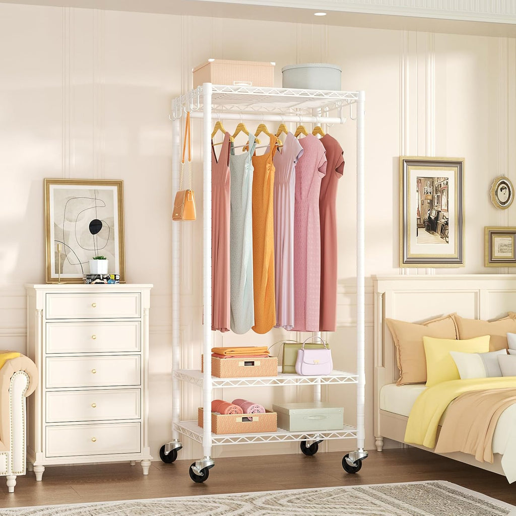 FUTASSI P3 & P6 Mini Rolling Clothes Rack White Bundle, Clothing Racks for Hanging Clothes, Freestanding Garment Rack with Wheels