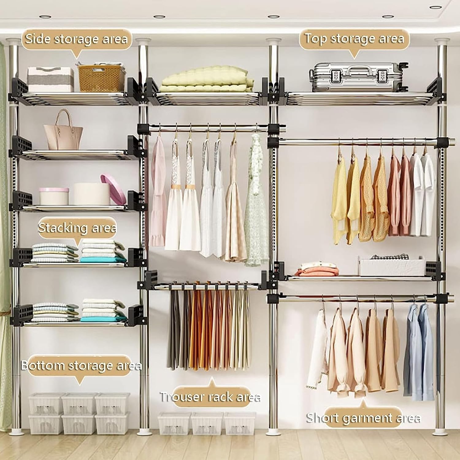 Heavy Duty Garment Rack - Telescopic Coat Hanger with Tray, Height Adjustable Clothes Tidy Rail for Closet Organization