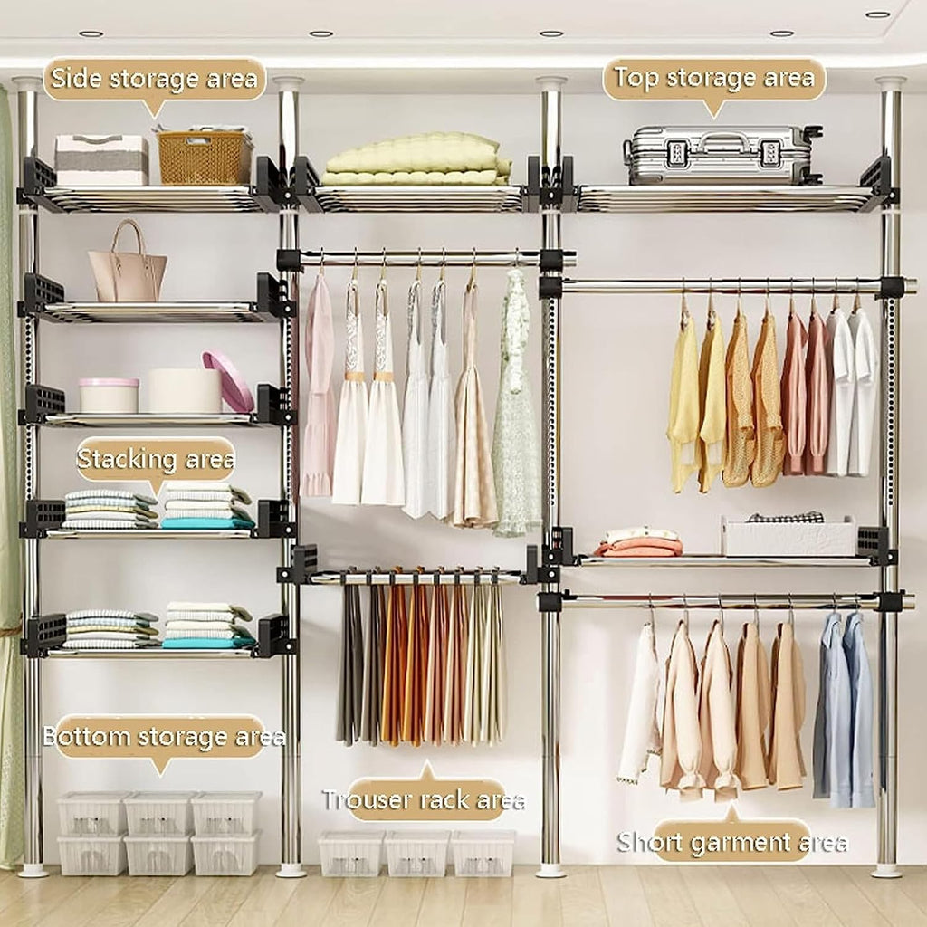 Heavy Duty Garment Rack - Telescopic Coat Hanger with Tray, Height Adjustable Clothes Tidy Rail for Closet Organization