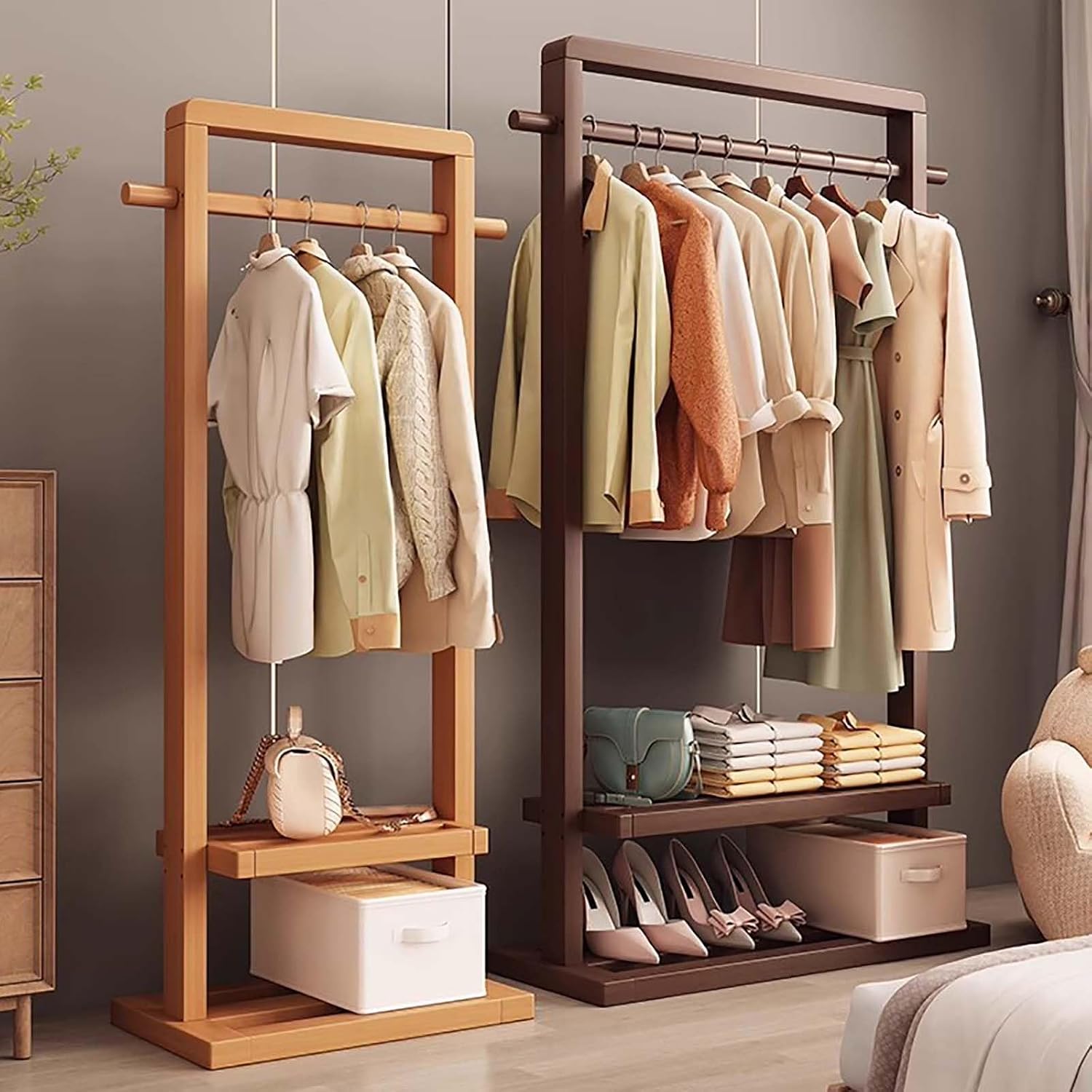 Clothes Rack, Bamboo Floor-standing Bedroom Coat Rack,Rack Heavy Duty Garment Racks For Hanging Clothes,Shoe Clothing Storage Organizer Shelves, 63 in Height(Brown,85CM/33.5IN)