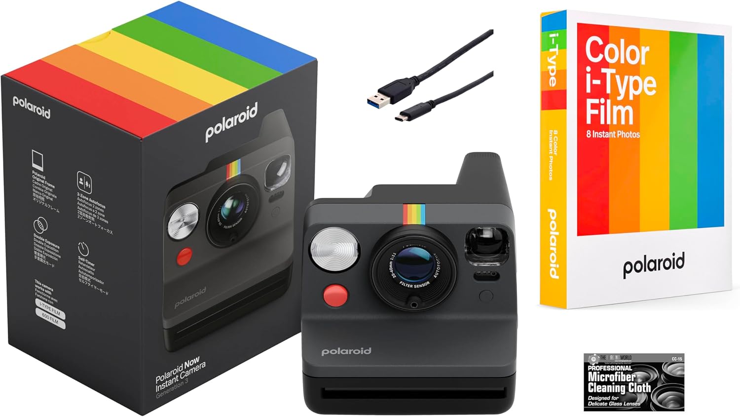 Polaroid Now Generation 3 i-Type Instant Camera (Black) with 8 i-Type Color Film Starter Bundle + Charging Cable and Cleaning Cloth