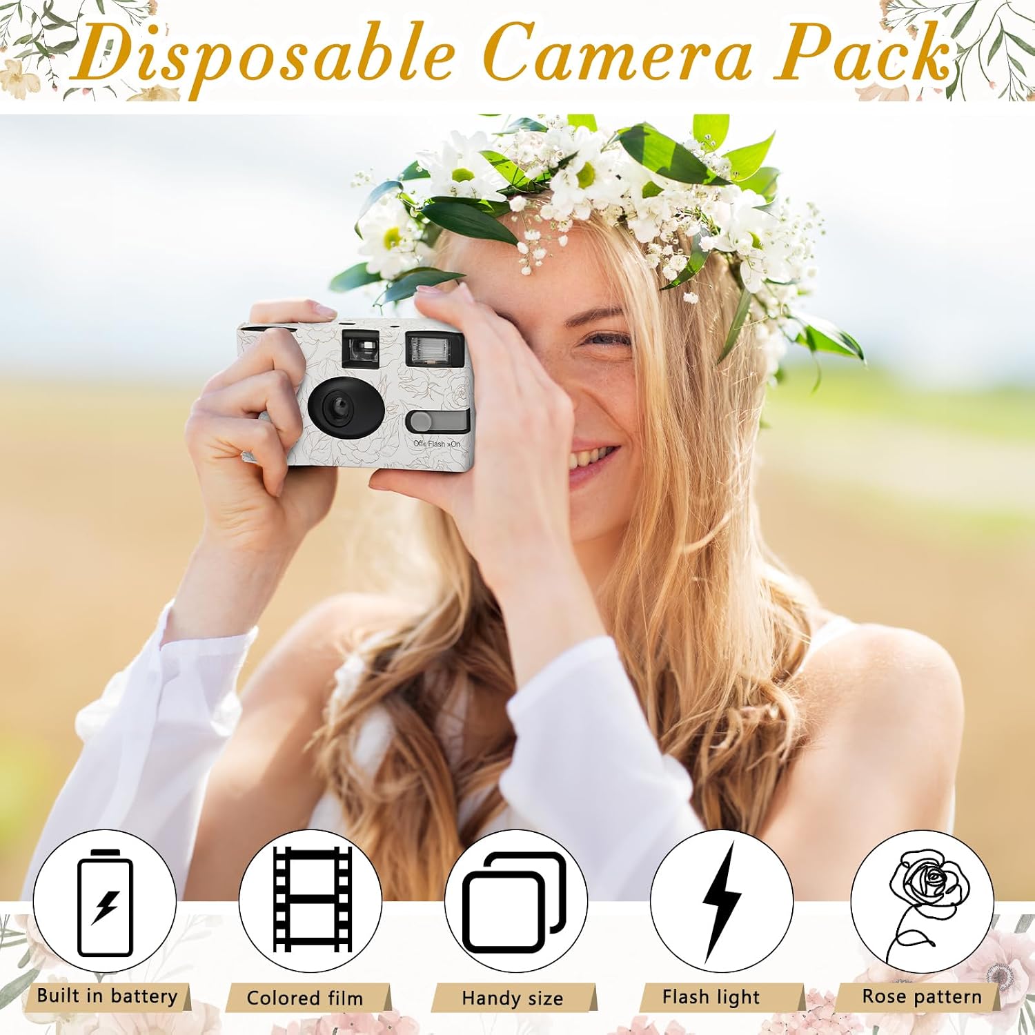12 Pack Disposable Cameras Bulk for Wedding, Golden Rose Single-Use 35mm Film Disposable Camera with Flash, ISO 400 17 Exposures for Outdoor Travel Gathering Anniversary Birthday Party Supply