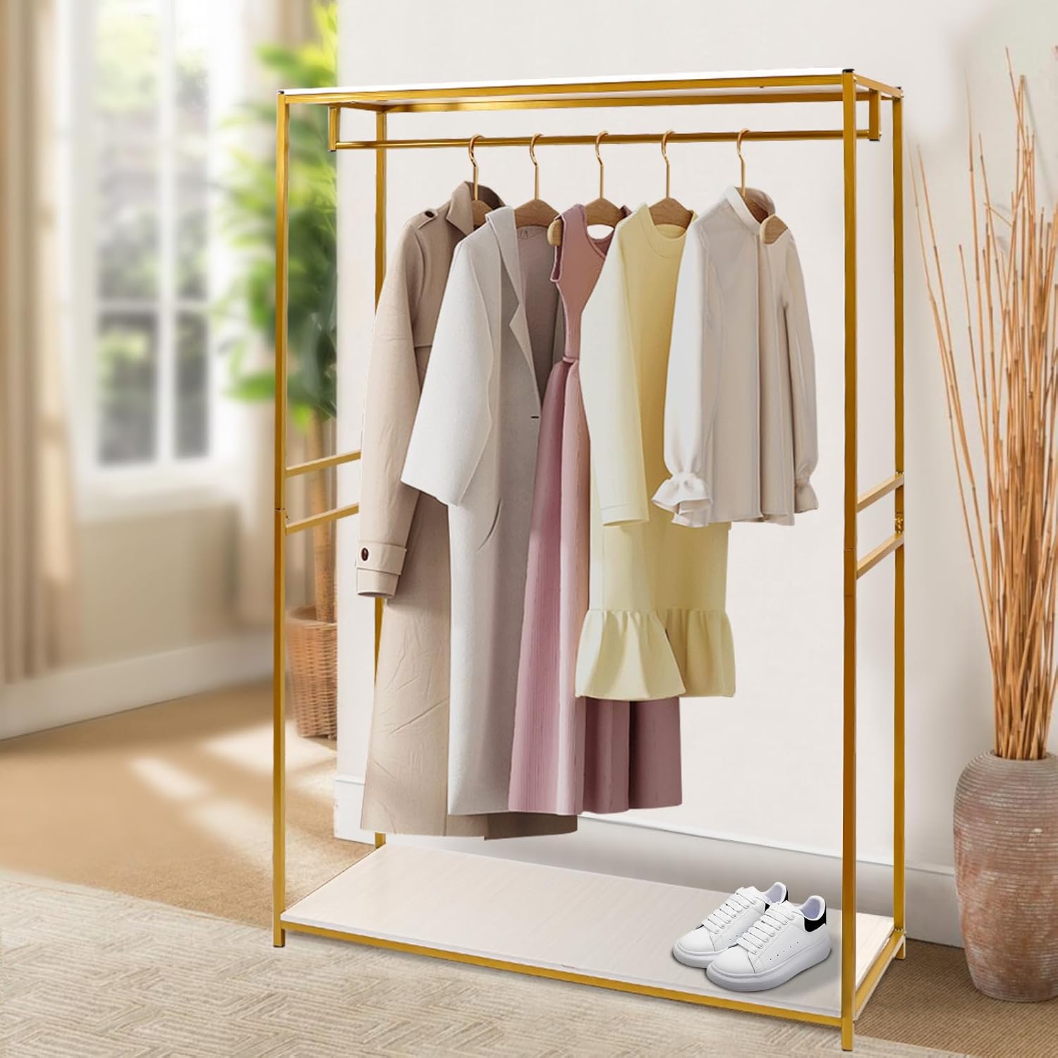 Heavy Duty Gold Clothing Rack with Shelves, Mini Closet, Freestanding Weeding Dress Retail Clothes Rack, Heavy Duty Clothing Rack with Foot Pad (47.24x17.71x74.8in)