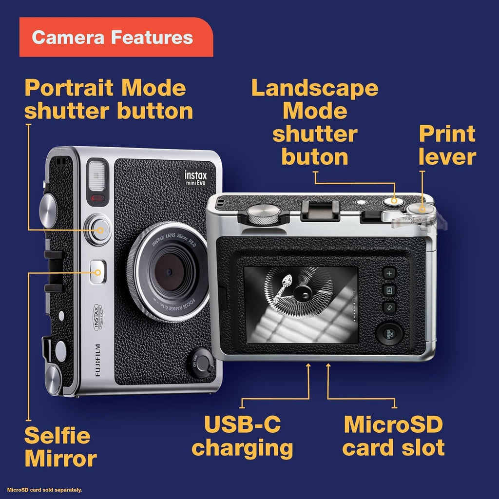 Fujifilm Instax Mini EVO Instant Camera with Sunshine Photo Microfiber Cleaning Cloth (Camera + 2 Twin Packs, Brown)