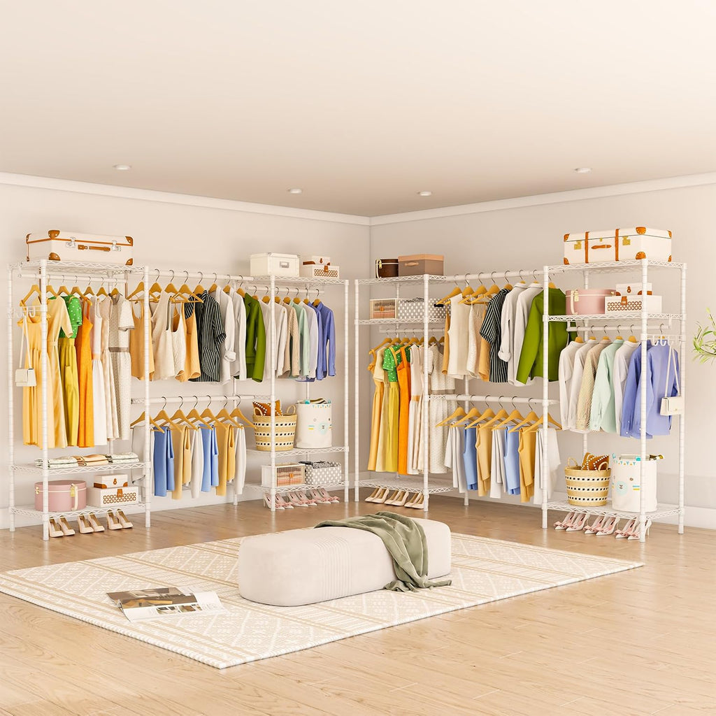 Heavy Duty Garment Rack, Portable Expandable Freestanding 4 Tiers Adjustable Wire Shelves Clothes Rack with 2 Retractable Poles, 70.9-86.6' L x 15.7' W x 76.8' H, Max Load 900LBS, White