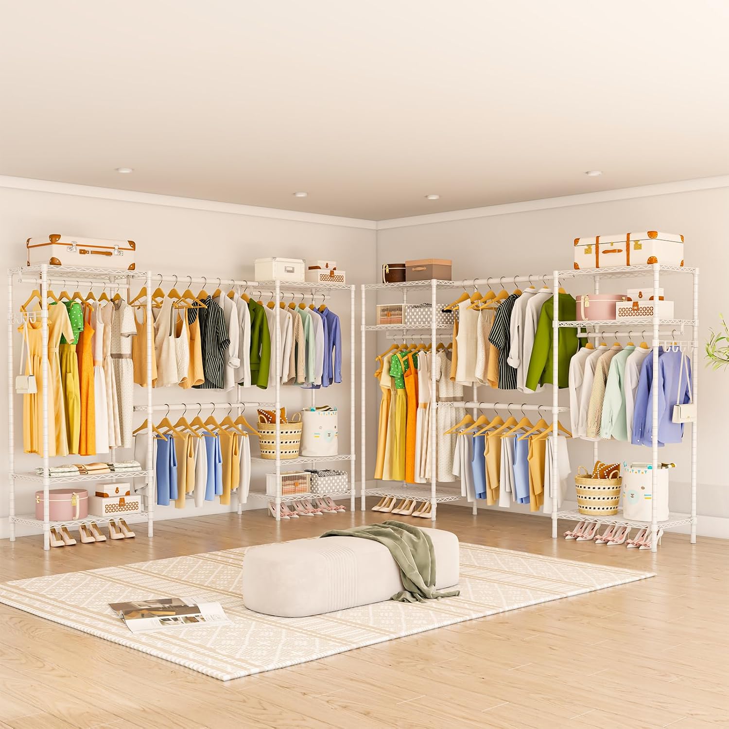 Heavy Duty Garment Rack, Portable Expandable Freestanding 4 Tiers Adjustable Wire Shelves Clothes Rack with 2 Retractable Poles, 70.9-86.6' L x 15.7' W x 76.8' H, Max Load 900LBS, White