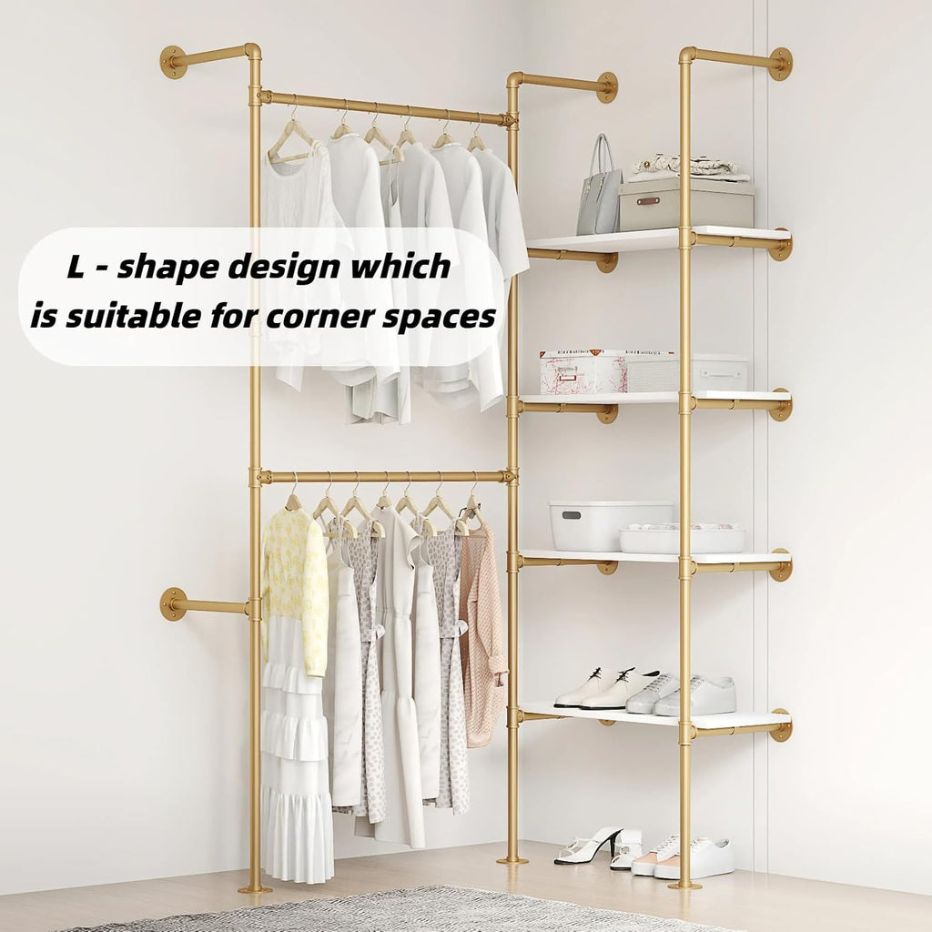 Industrial Pipe Clothing Rack, Hanging Rods Clothes Rack with Shelves, Clothes Rack for Wardrobe, Corner Closet System for Walk in Closets (Gold, II-4Tier)