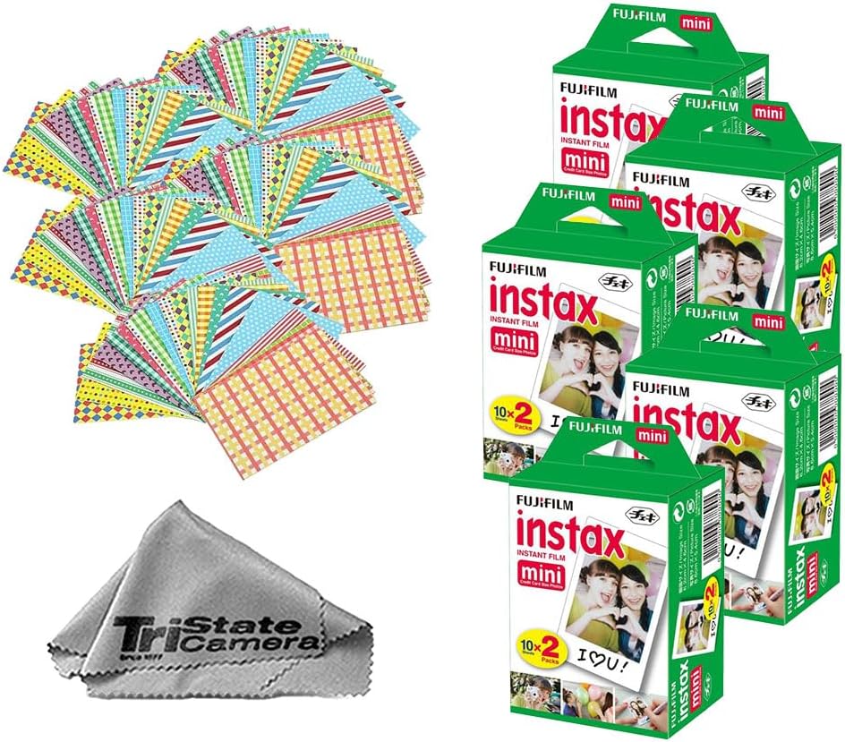 Fujifilm Instax Mini Instant Film (100 Sheets) + 100 Sticker Frames + TSC Microfiber Cleaning Cloth – for Mini 8, 9, 11, 12, 50s, 25, 7s, 90 Cameras & Mini Link