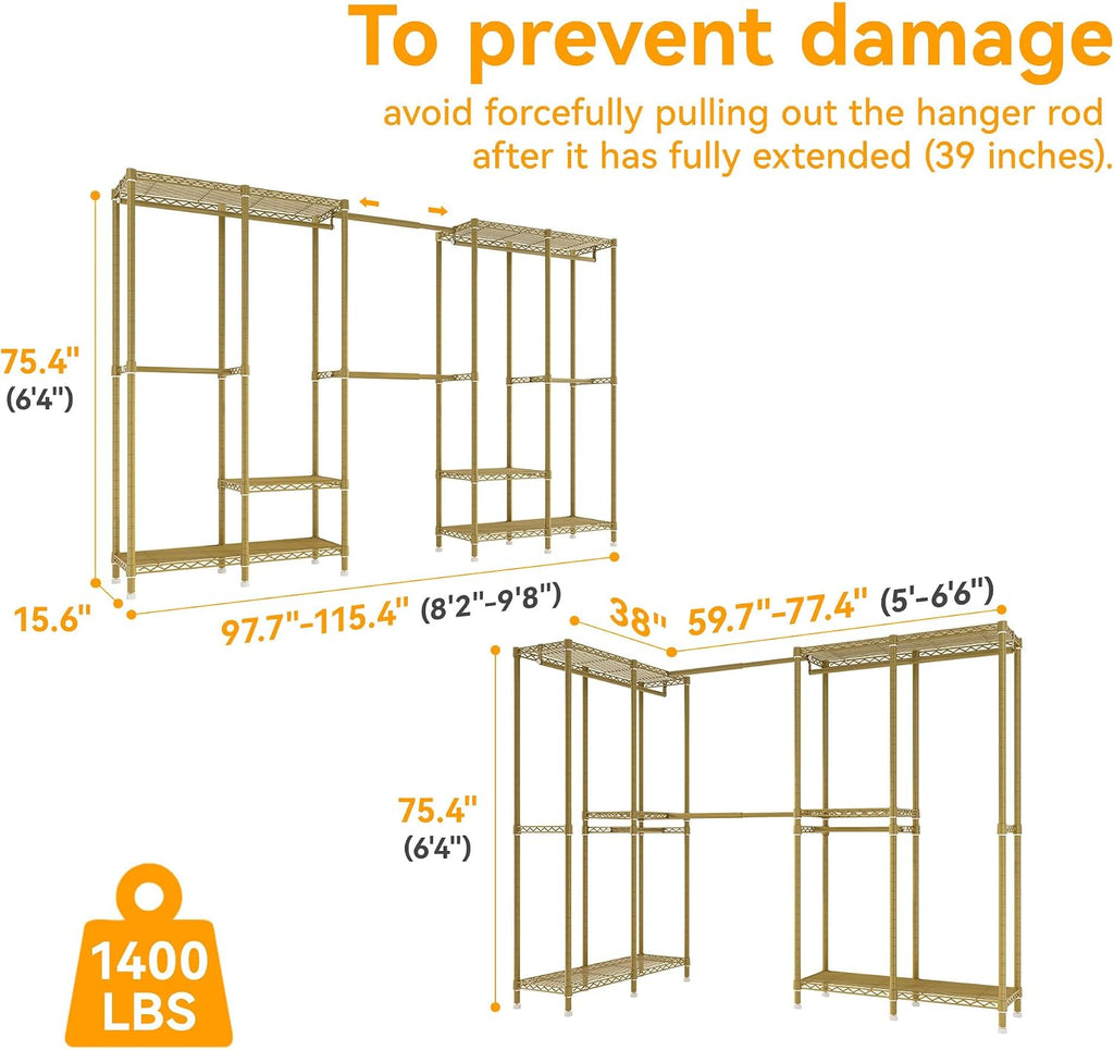 Higeego H5 Pro Heavy Duty Clothes Rack Wardrobe Closet for Hanging Clothes, Freestanding Garment Rack with Expandable Hanger Rods, Closet Organizer and Storage, (97.7-115.4')L x 15.7'W x 75.4'H, Gold