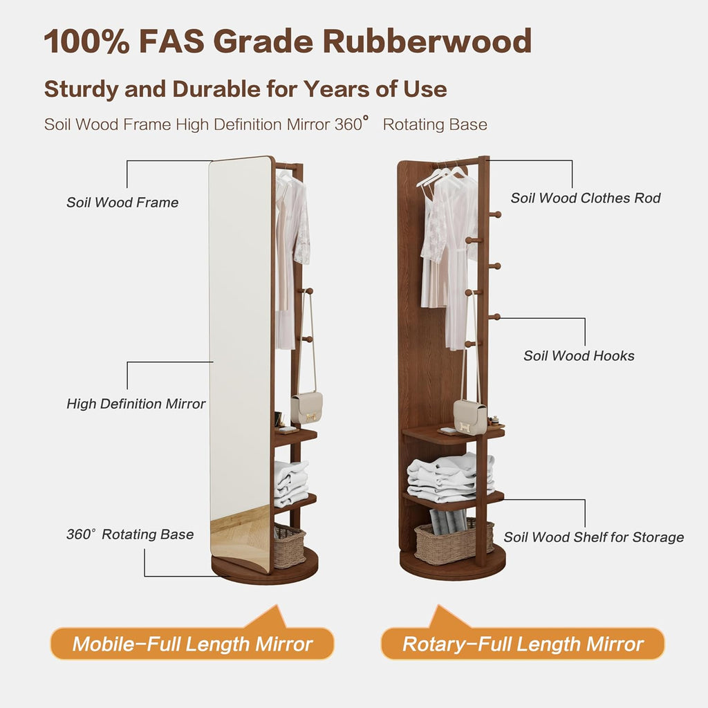 BOWEI Solid Wooden Coat Rack, Free Standing Coat Stand with Full Length mirror, Hall Coat Tree with Hooks and Storage Shelf for Coats, Hats, Bags, for Entryway, Hallway, Bedroom (Walnut)