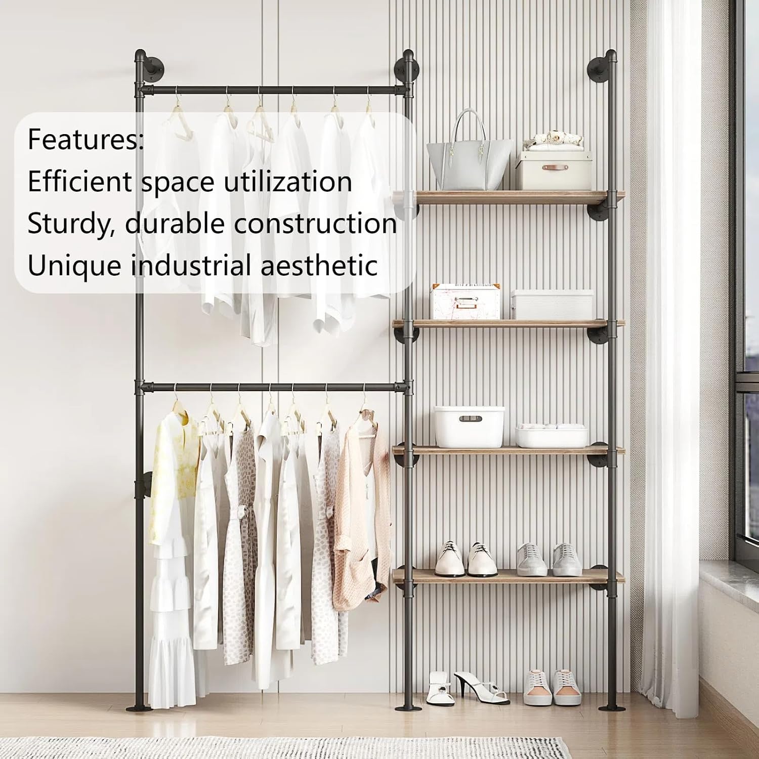 Industrial Pipe Clothing Rack, Hanging Rods Clothes Rack with Shelves, Clothes Rack for Wardrobe, Corner Closet System for Walk in Closets (Black, II-4Tier)