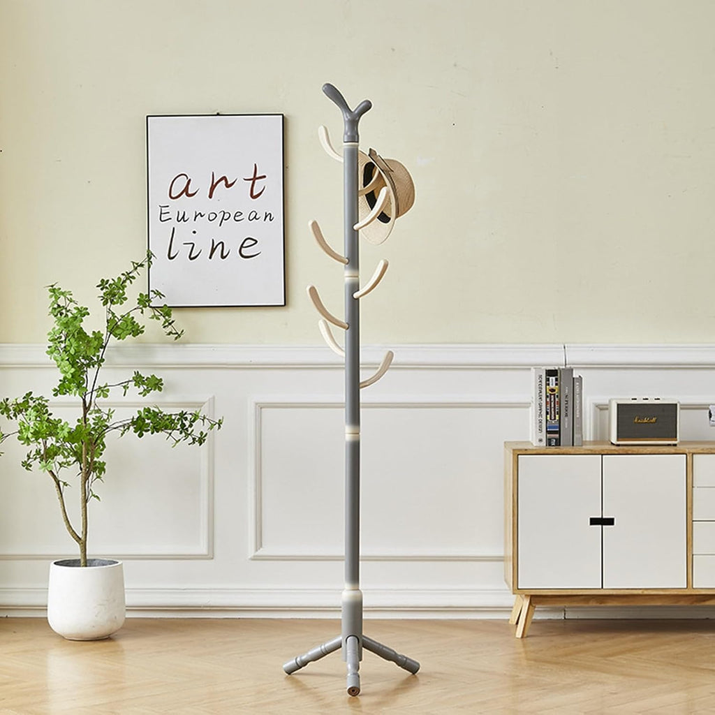 Clothing Rack Stand, Freestanding Coat Hanger, Garment Racks, Wooden Coat Stand, Coat Tree, Coat Rack for Hallway Entryway, Bedroom for Clothes Hats, Bags With Stable Base, Solid Wood(Gray)
