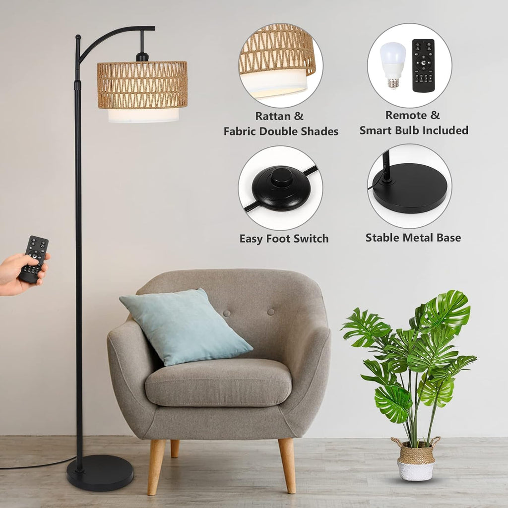 Arc Floor Lamp for Living Room with 3 Color Temperatures, Floor Lamps with Remote Dimmable Bulb, Boho Standing Lamp with Rattan Fabric Shades, Adjustable Tall Lamp for Bedroom, Office