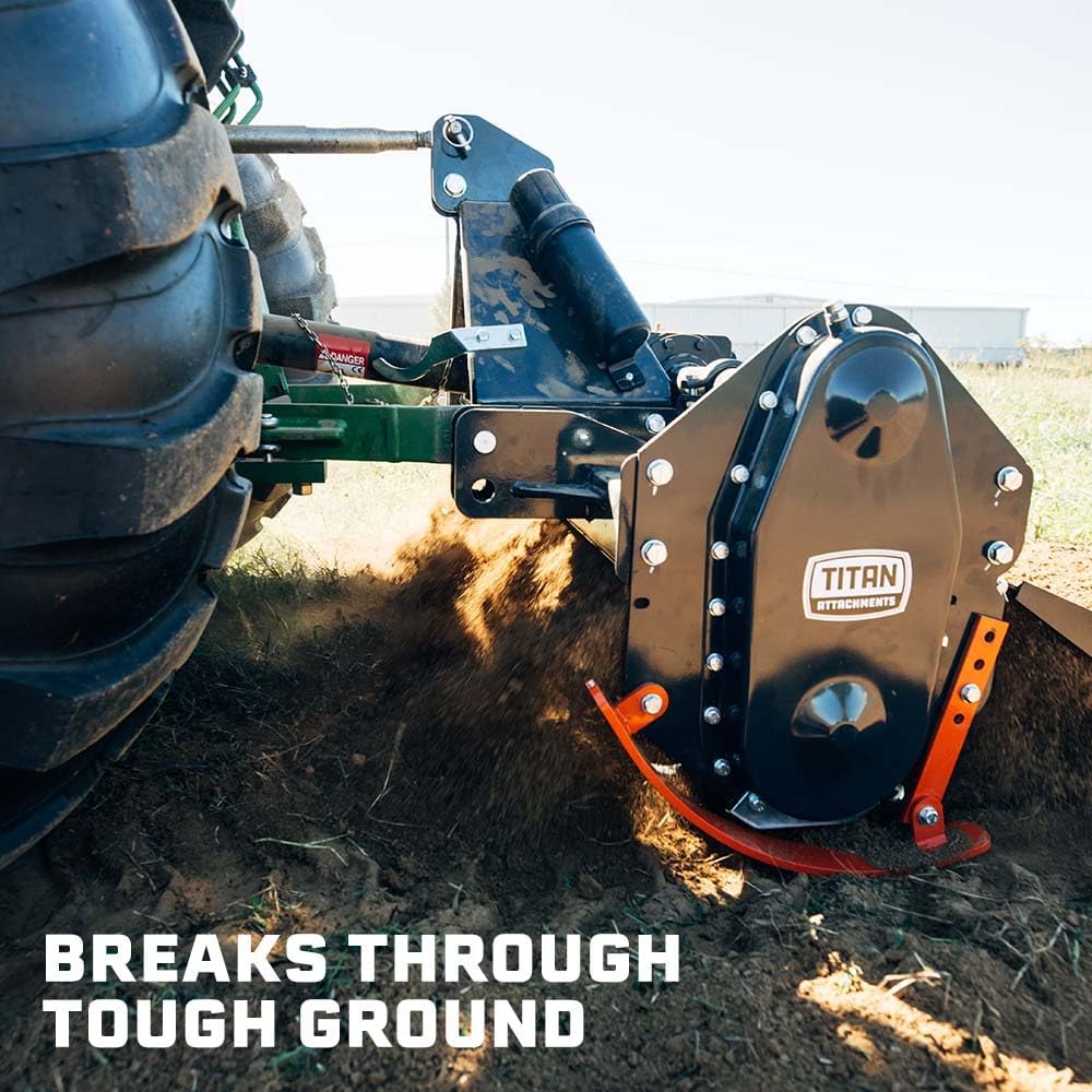 Titan Attachments Pro Series 3 Point Rotary Tiller, 72' Cutting Width, Fits Cat 1 & Cat 2 Tractors 25-65 HP Rototiller, 8' Digging Depth, PTO Driven Cultivator