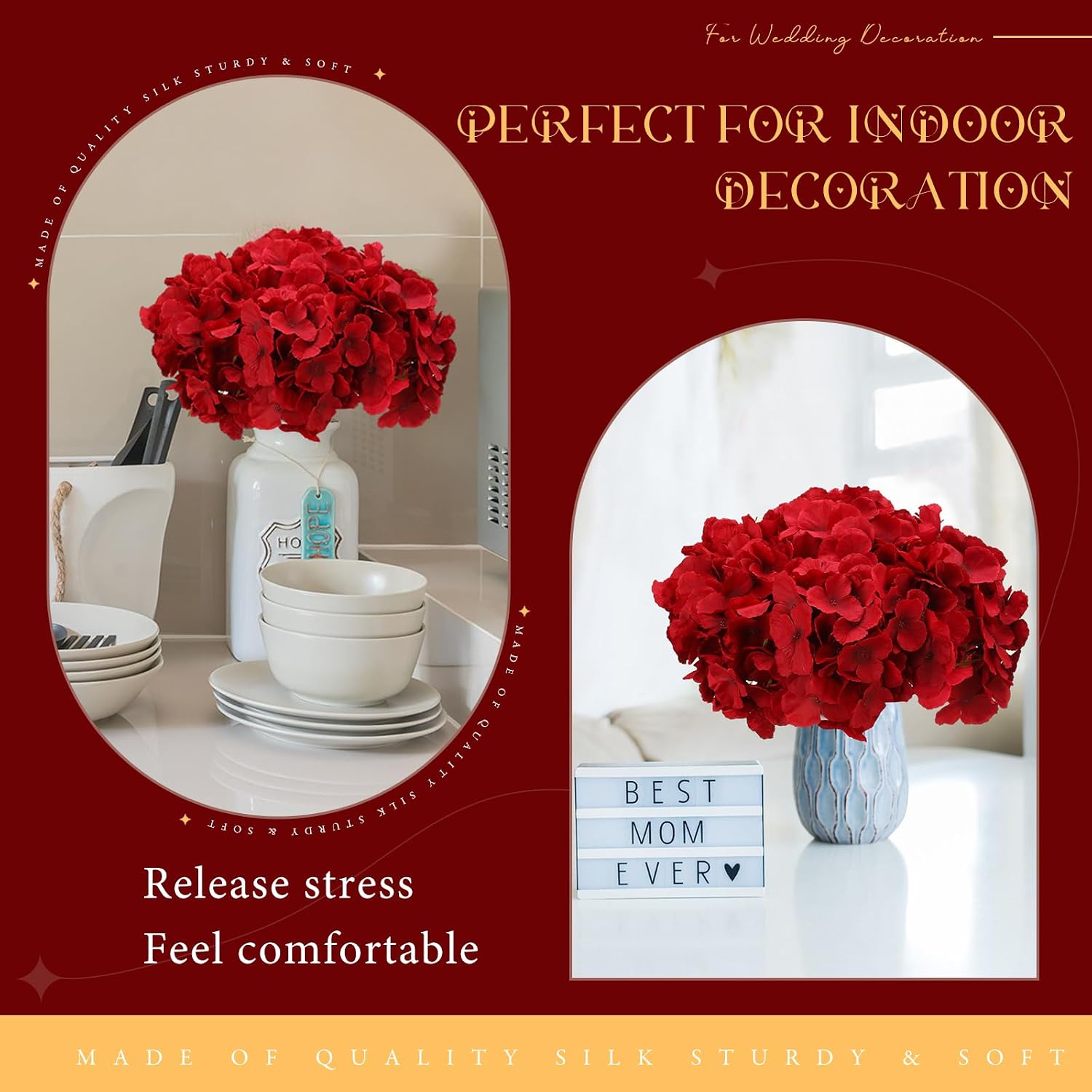 Unittype 300 Pieces Silk Hydrangea Artificial Flowers Heads with Stems Faux Hydrangea Flowers for Wedding Centerpieces Bouquets DIY Floral Decorations for Home Indoor (Burgundy)