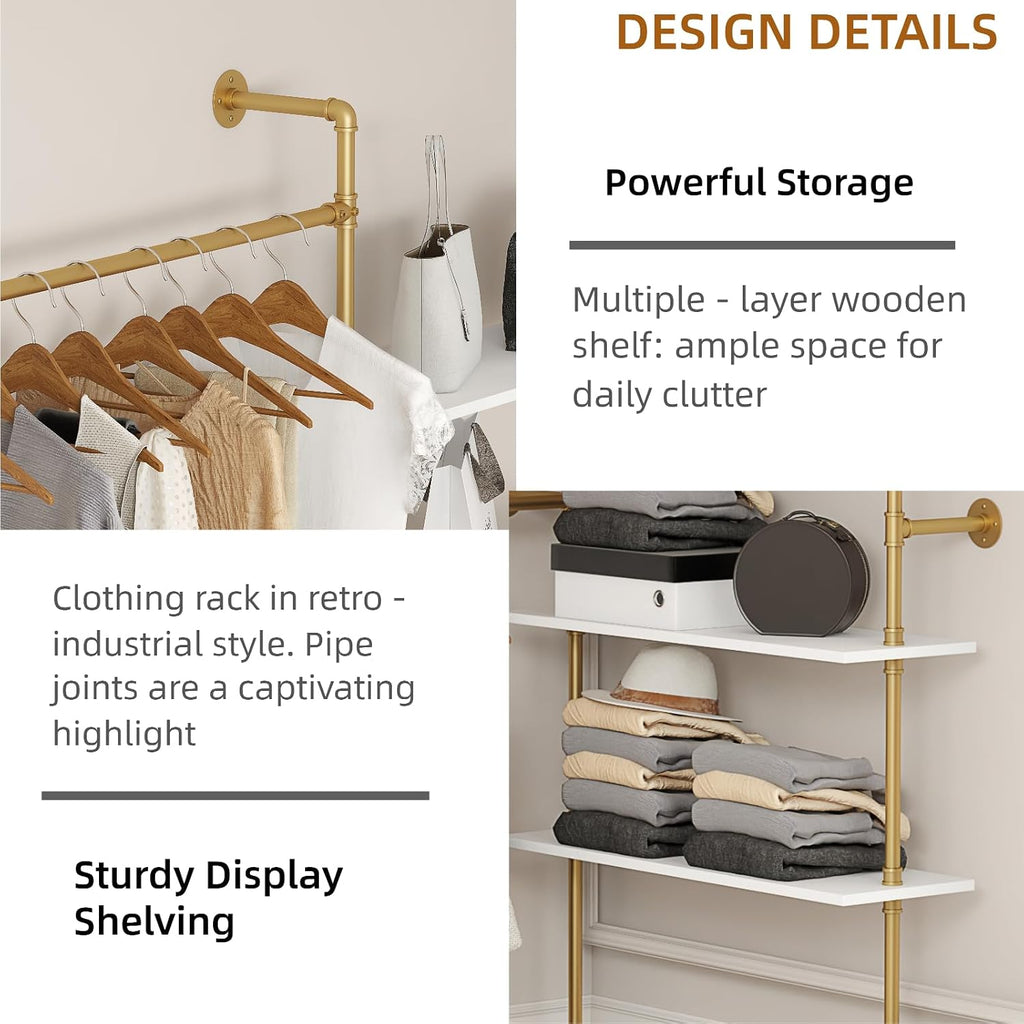 Industrial Pipe Clothing Rack Wall Mounted Heavy Duty, Space Saving Garment Hanger System for Wardrobe/Walk-in Closet, Gold