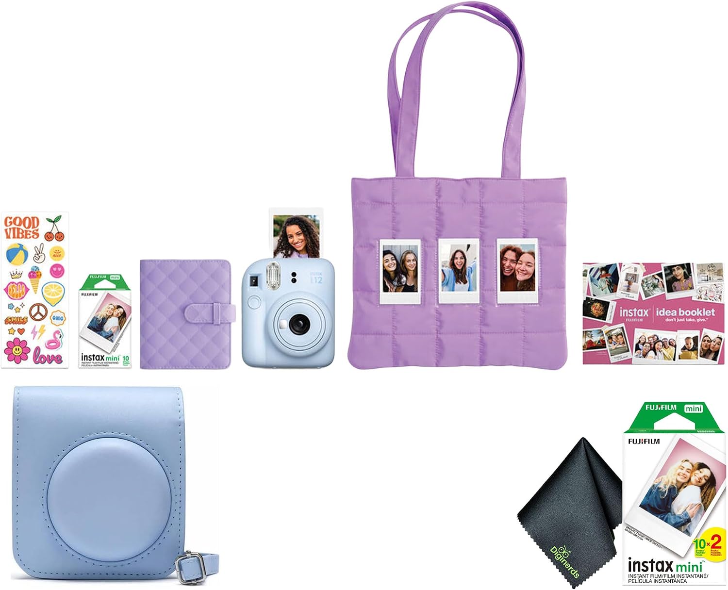 FUJIFILM Instax Mini 12 Instant Film Camera 2025 Holiday Bundle (Blue) + Compatible Carrying Case + Fuji Film Value Pack (20 Sheets) + Microfiber Cleaning Cloth