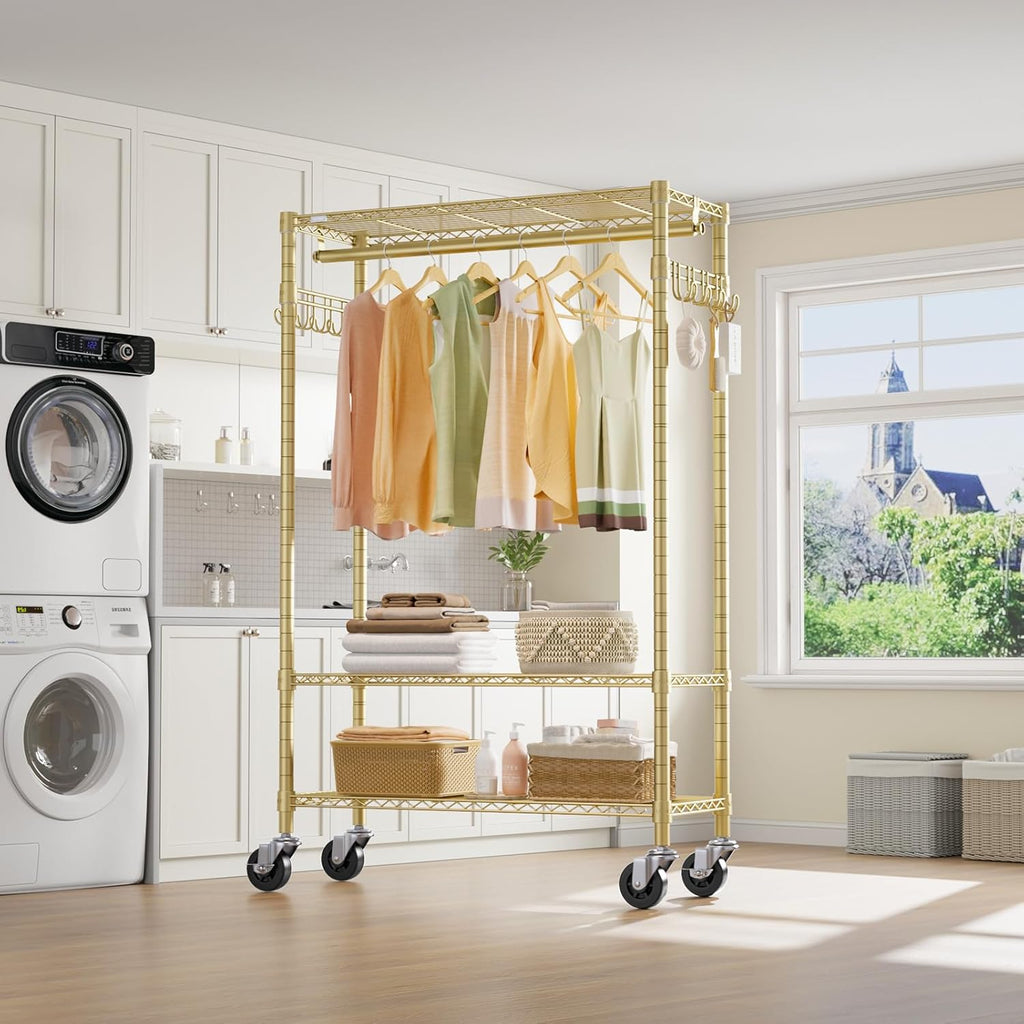 VIPEK R3 Heavy Duty Clothes Rack with Lockable Wheels, Rolling Portable Closet with Adjustable Shelves & Hanging Rod & Side Hooks, Compact Space-Saving Storage for Small Apartments/Dorms (Gold)