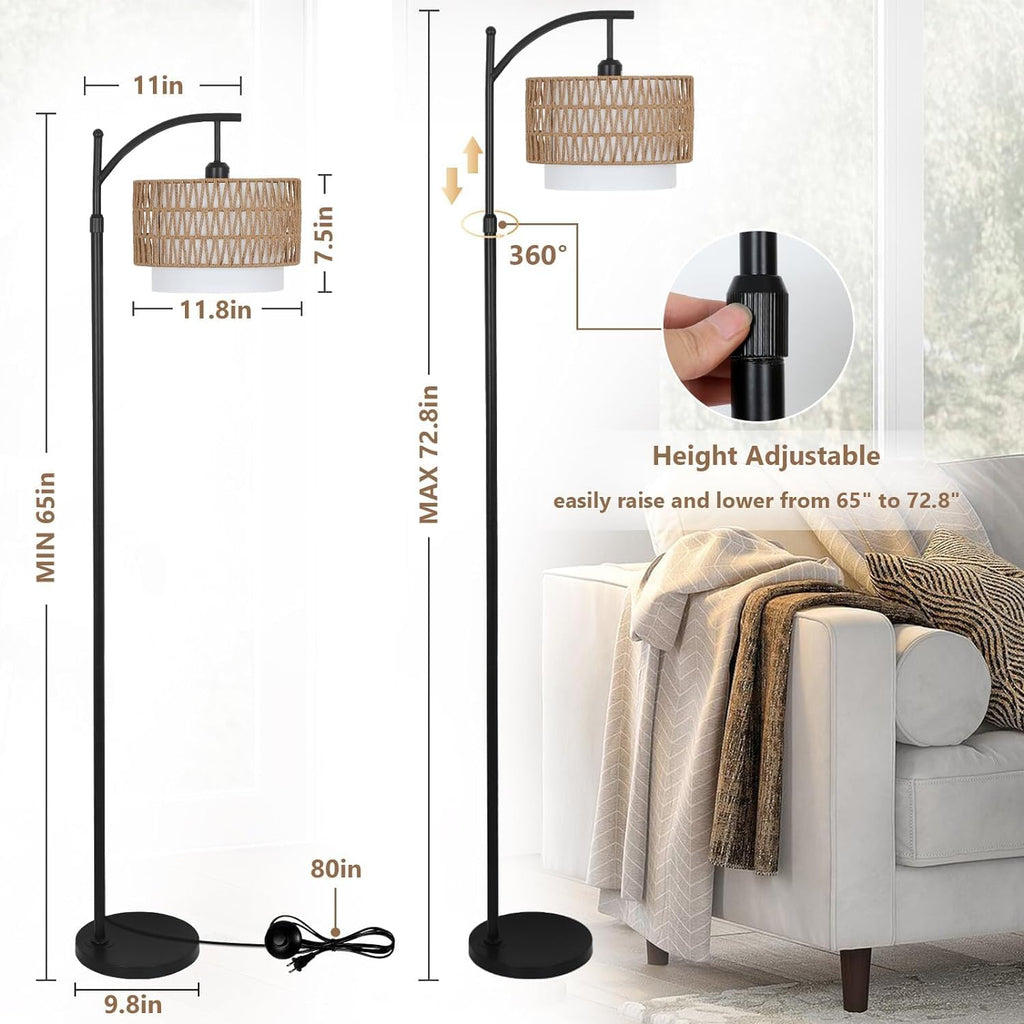 Arc Floor Lamp for Living Room with 3 Color Temperatures, Floor Lamps with Remote Dimmable Bulb, Boho Standing Lamp with Rattan Fabric Shades, Adjustable Tall Lamp for Bedroom, Office