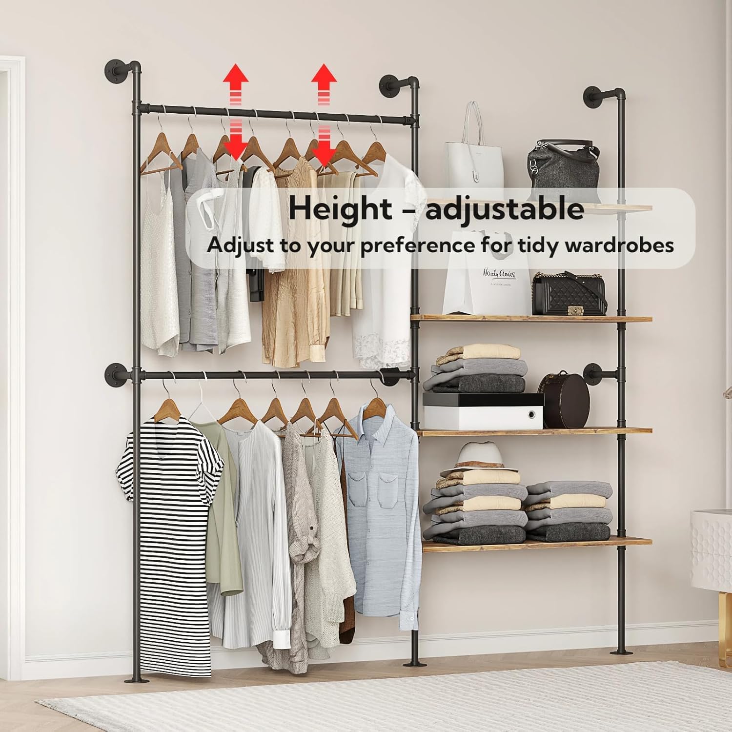 Industrial Pipe Clothing Rack Wall Mounted Heavy Duty, Space Saving Garment Hanger System for Wardrobe/Walk-in Closet,Black
