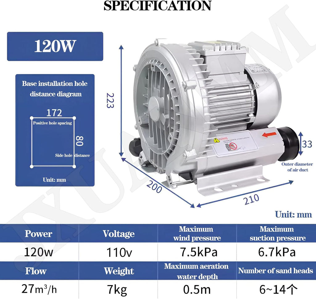Regenerative Blower, Single Phase, 50Hz High-Pressure Vortex Ring Blower, Industrial Vacuum Pump for Air Blowing Or Suction for Sewage Aeration Aquarium Fish Pond 110V-120W