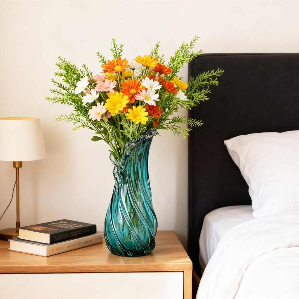 Vases Home Decor - 16In Crystal Vase, Glass Blue Vase, Flower Holders for Bouquet, Centerpieces & Single Stems, Tall for Roses, Dried Flowers, Pampas Grass, Fits Living Room Bedroom Office (L)