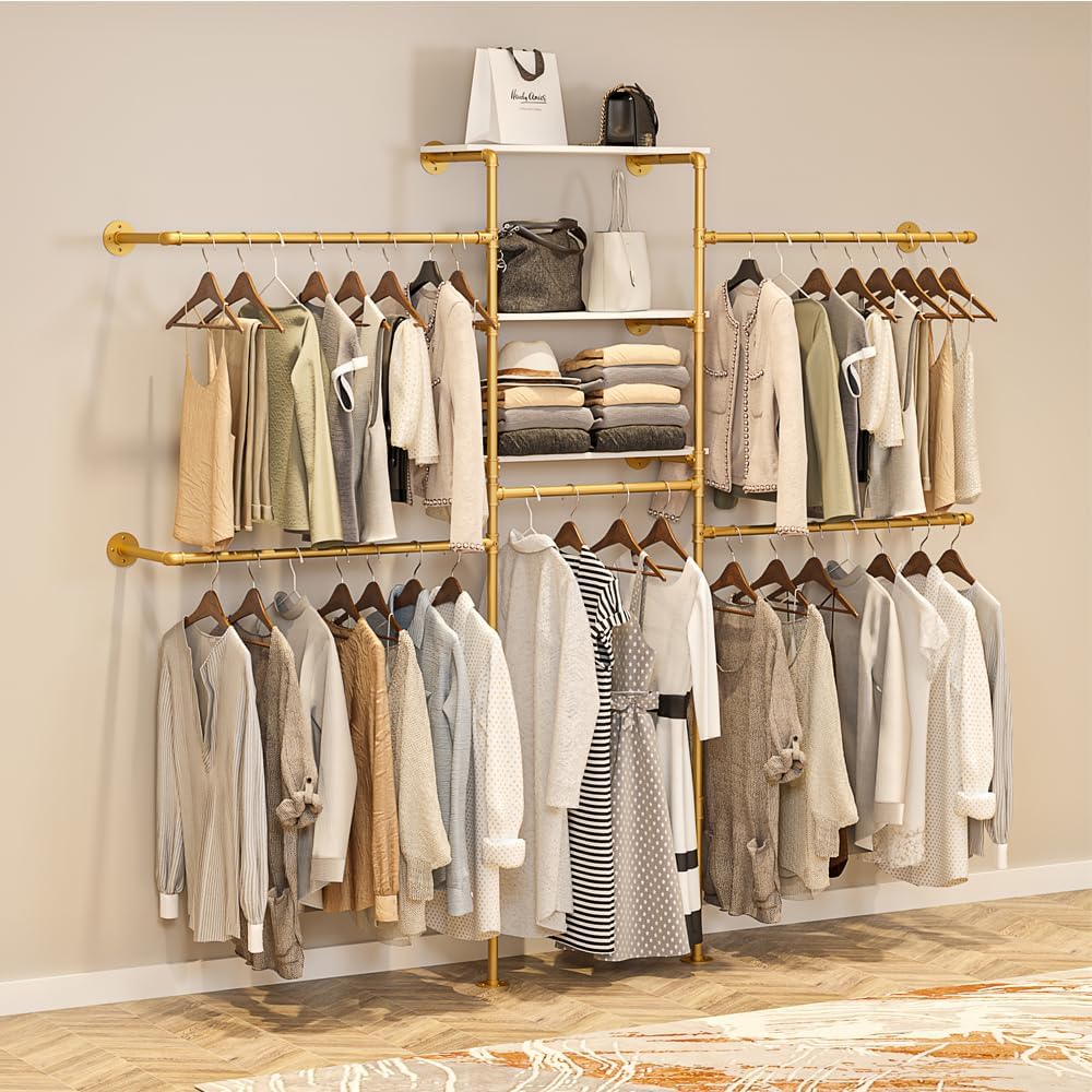 KaKaBB Heavy Duty Gold Pipe Clothing Rack - Wall Mounted Industrial Clothes Rack, DIY Corner Closet System with Shelves, Adjustable Walk-in Closet Organizer (GOLD, 94.5')
