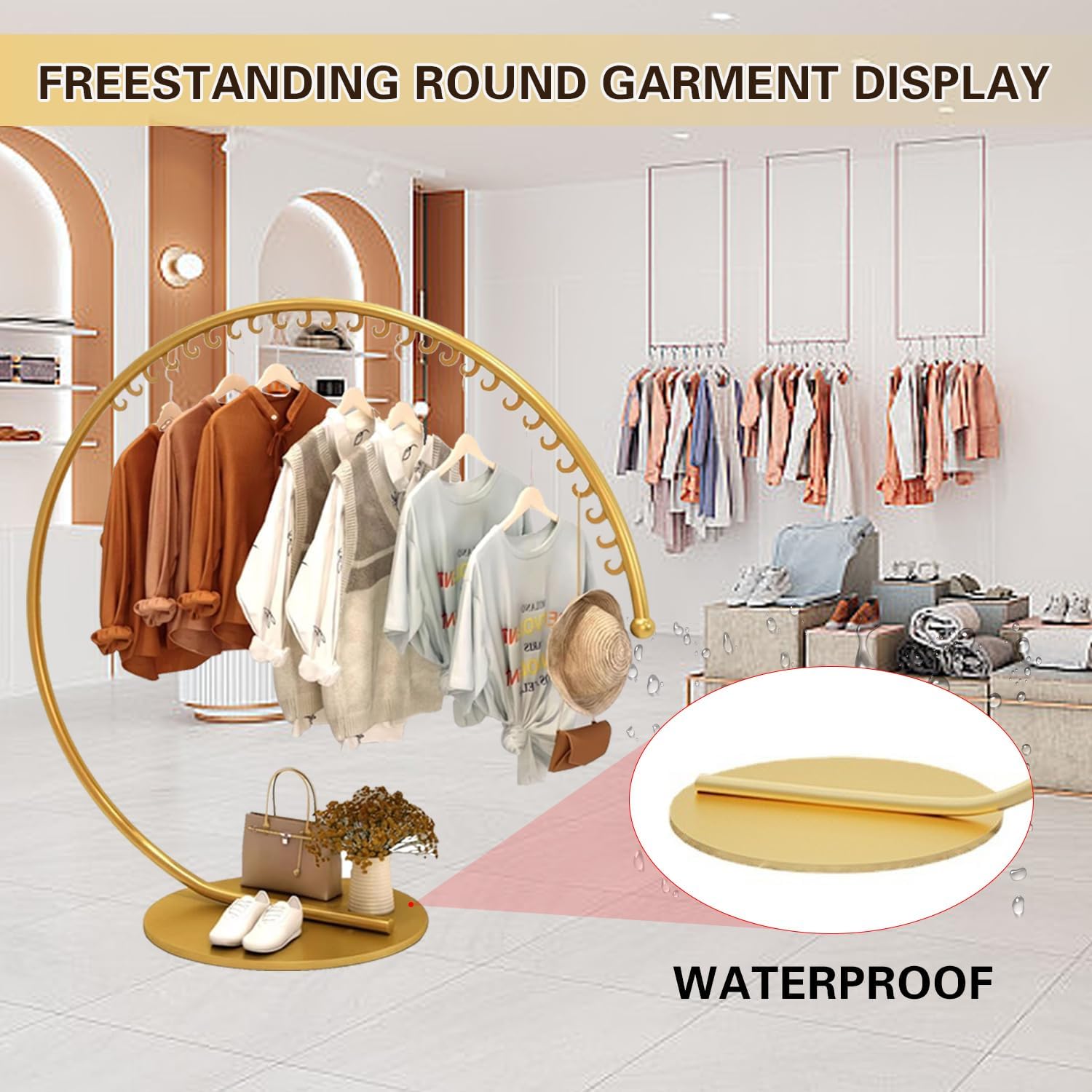 Floor Standing Metal Clothes Rack, Round Garment Rack with Stable Base, Commercial Portable Retail Display Clothing Racks, Creative Garment Rack for Hanging Clothes,Gold,Medium