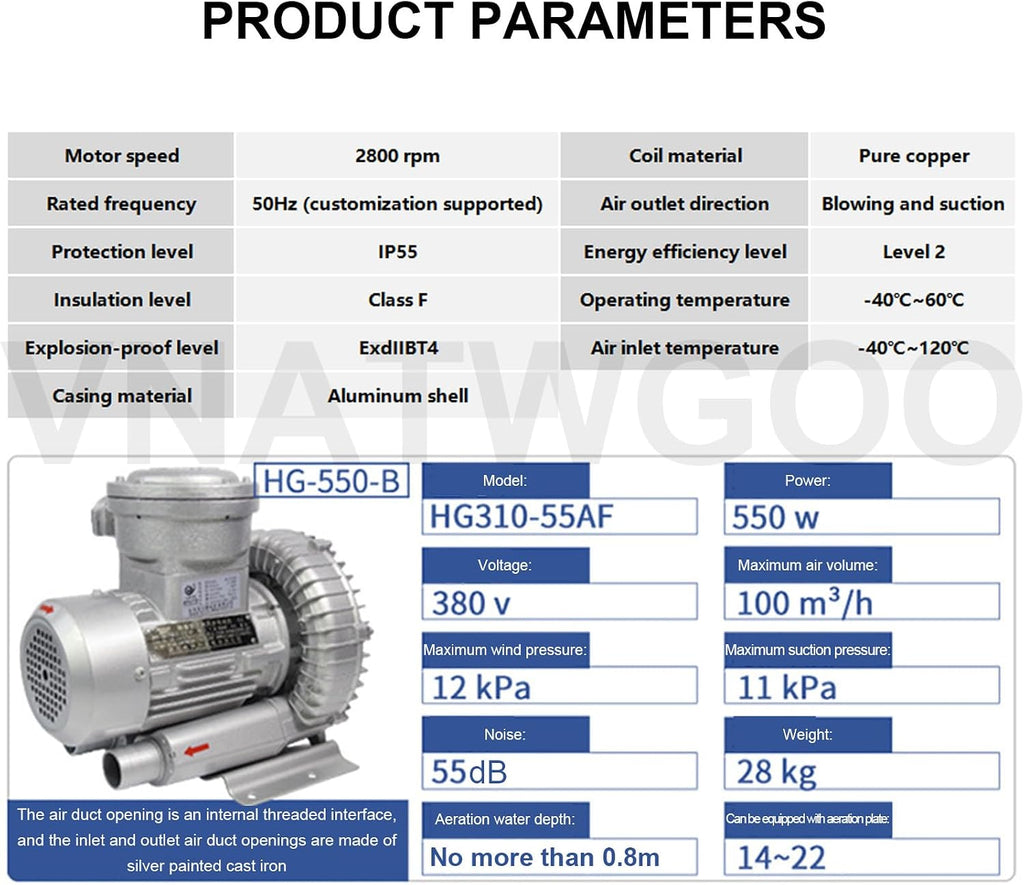Heavy Duty Aluminum Vortex Fan, Industrial Regenerative Blower, for Workshops High Temperature Applications(550w)