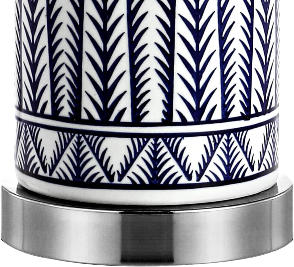JONATHAN Y 27' Navy Ceramic Contemporary USB Charging LED Table Lamp Set of 2, Geometric Column Lamp with White Linen Drum Shade, Chrome Base, LED Bulbs Included JYL6615A-SET2