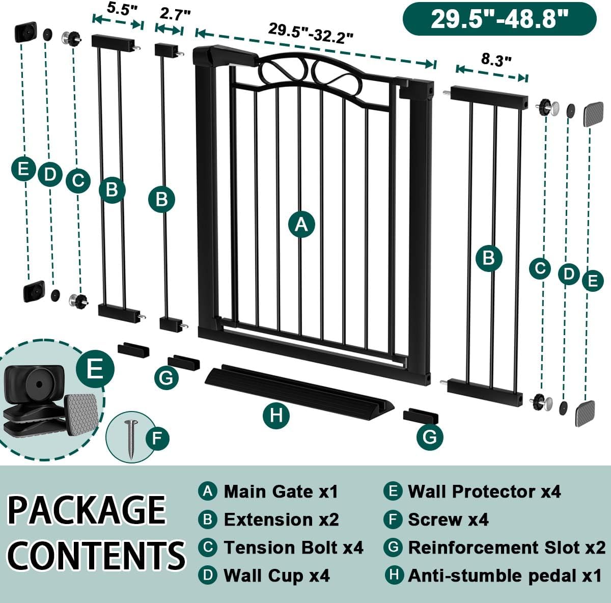 Fairy Baby 29.5'-48.8' Extra Wide Baby Gate for Stairs, Pressure Mounted Easy Walk Thru Pet Gate, Metal Safety Child Gate No Drill, Auto Close Long Dog Gates for the House Doorways, Black
