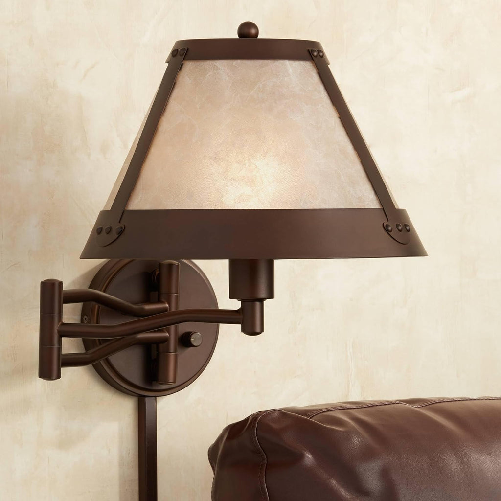 Franklin Iron Works Samuel Mica Shade Plug-in Swing Arm Wall Lamp with Cord Cover Set of 2