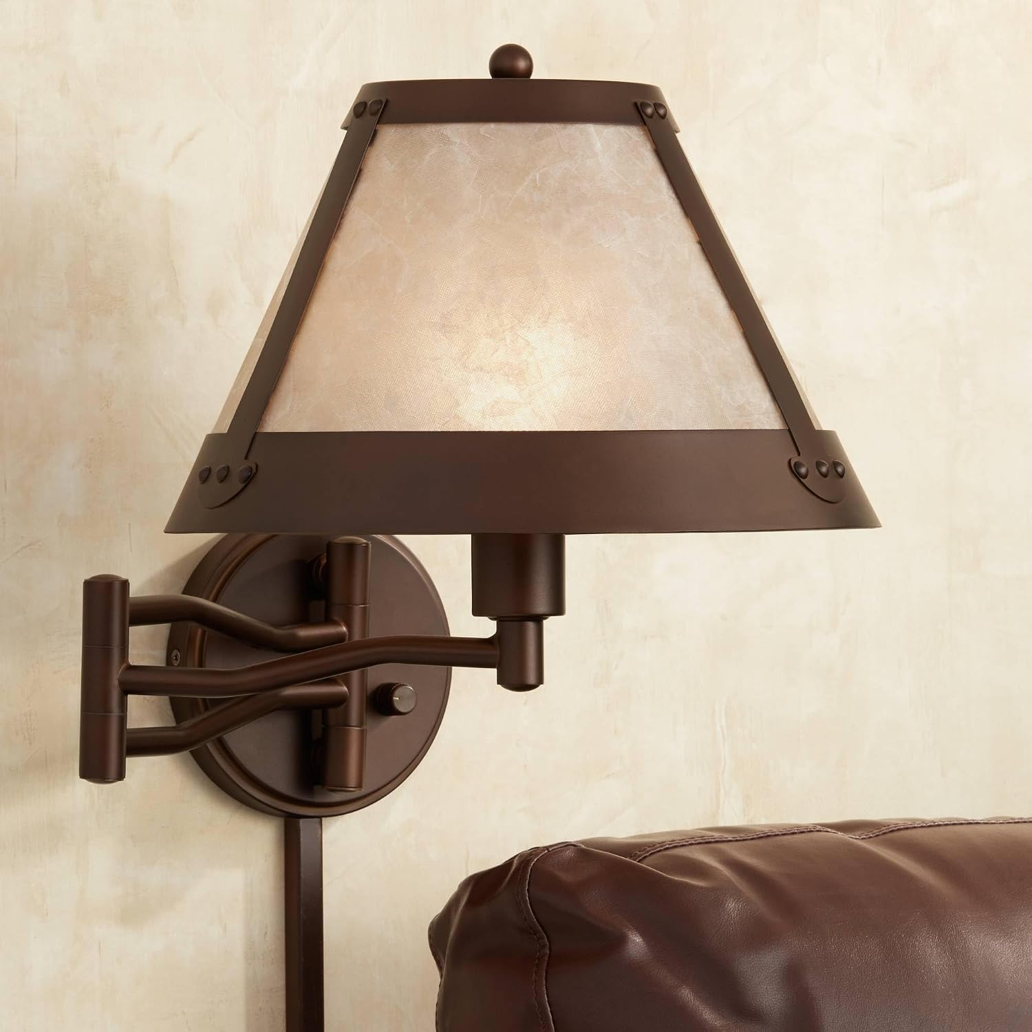 Franklin Iron Works Samuel Mica Shade Plug-in Swing Arm Wall Lamp with Cord Cover Set of 2