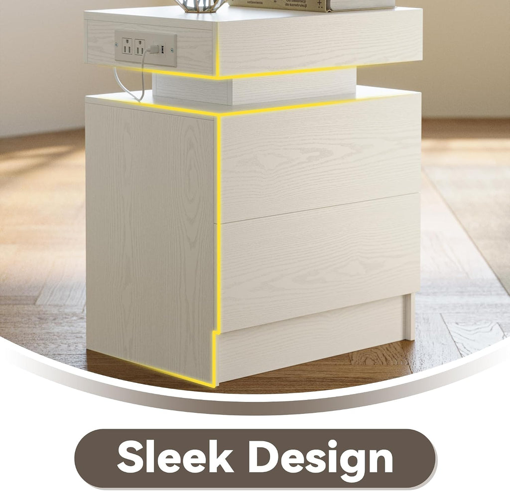 LIKIMIO Night Stand Set of 2, Modern White Nightstand with with Charging Station, Bedside Tables with LED Light and Drawers, End Table for Bedroom