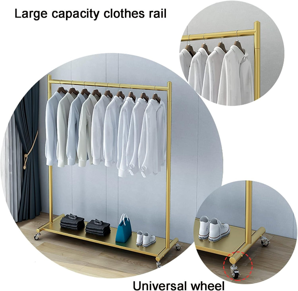 Floor-Standing Solid Wood Rotating Coat Rack，Commercial-Grade Gold Clothing Rack on Wheels, Freestanding Garment Rack with Shelves for Bedroom & Boutique - Stylish Metal Coat Stand (100x40x1