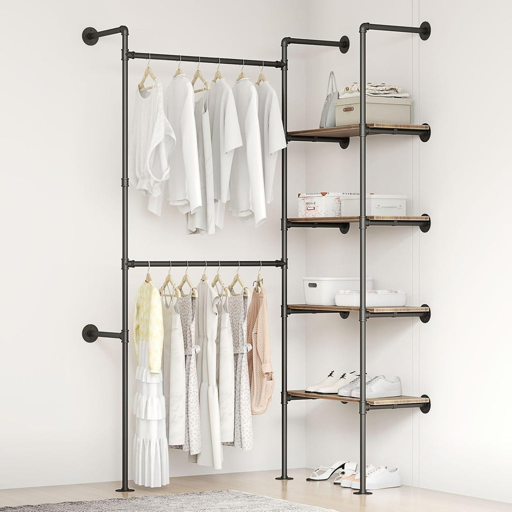 Industrial Pipe Clothing Rack, Hanging Rods Clothes Rack with Shelves, Clothes Rack for Wardrobe, Corner Closet System for Walk in Closets (Black, II-4Tier)