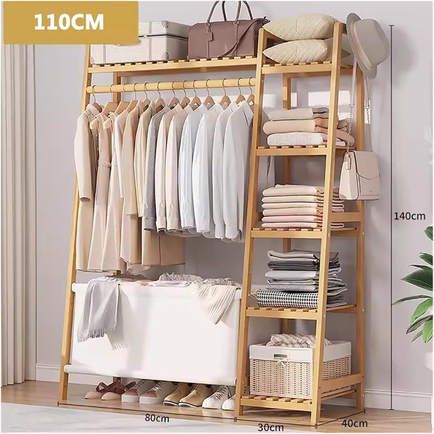 Bamboo Clothes Rack - Freestanding Garment Rack with Shelves and Shoe Storage, Clothing Rack for Hanging Clothes, Hats,for Bedroom, Closet, Office, or Dorm Organization(A,110CM)