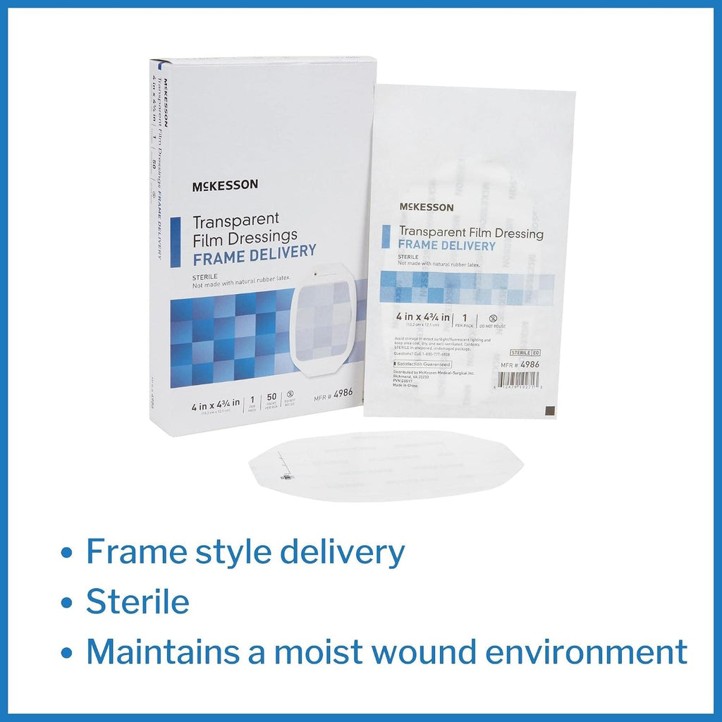 McKesson Transparent Film Dressing, Sterile, Frame Delivery, 4 in x 4 3/4 in, 50 Count, 4 Packs, 200 Total