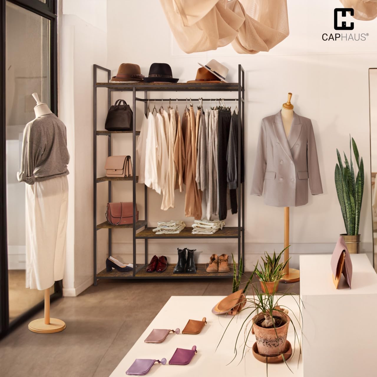 Fencer Wire Heavy Duty 979lbs Freestanding Closet Organizer w/Hanging Rods & Fabric Drawers, Garment Rack, Metal Clothes Rack w/Wood Shelves, Freestanding Closet Wardrobe, Rustic Oak Board