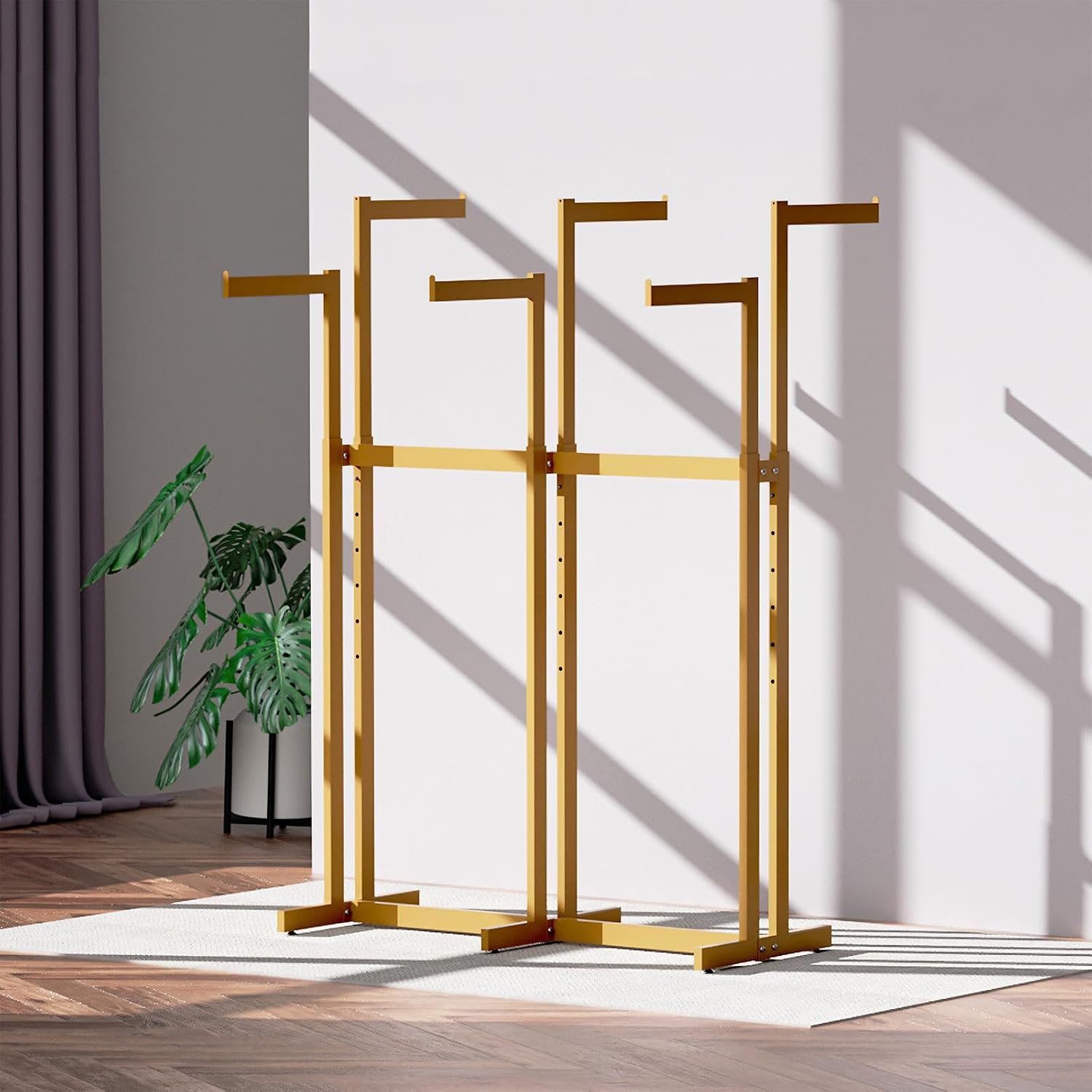 Clothing Racks - Metal Garment Racks for Retail Display Hanging Clothes, Heavy Duty Gold Commercial Clothing Display Rack with Wheels, FreeStanding Sturdy Clothes Organization (6 Arm,Gold)