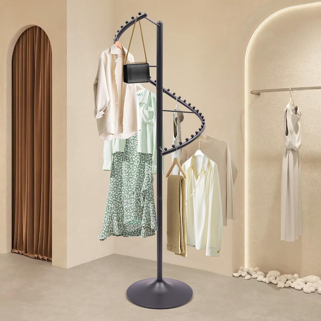 Rotating Clothing Rack 360° Spiral Clothing Rack Floor Standing Spiral Rotating Garment Racks Retail Clothes Display Stand for Bedrooms, Laundry Rooms, Retail Stores (5.91ft, Black)