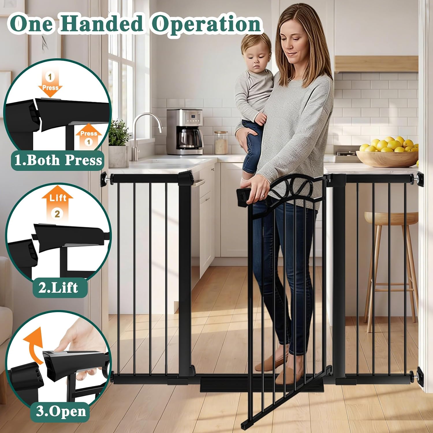 Fairy Baby 54.4'-57.0' Extra Wide Baby Gate with Door, 55 56 57 Inches Walk THR Baby Gates for Stairs Pressure Mounted no Drill, Indoor Tension Metal Child Pet Dog Safety Gate for Kids, Black