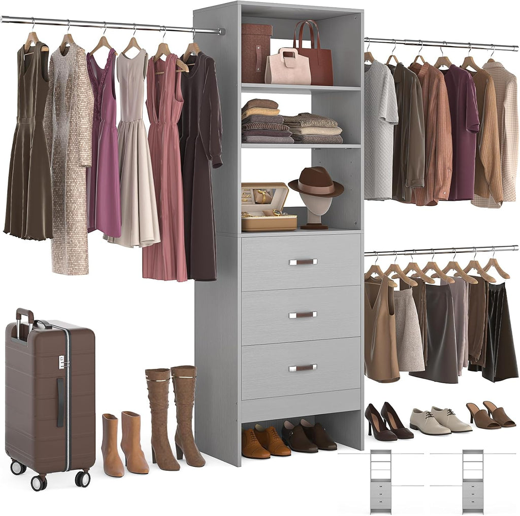 Homieasy 96 Inches Closet Organizer System, 8FT Customizable Walk In Closet Organizer with Hanging Rods, 3 Drawers Garment Rack with Leather Handle , 96' L x 16' W x 75' H, Max Load 1000 LBS, Grey