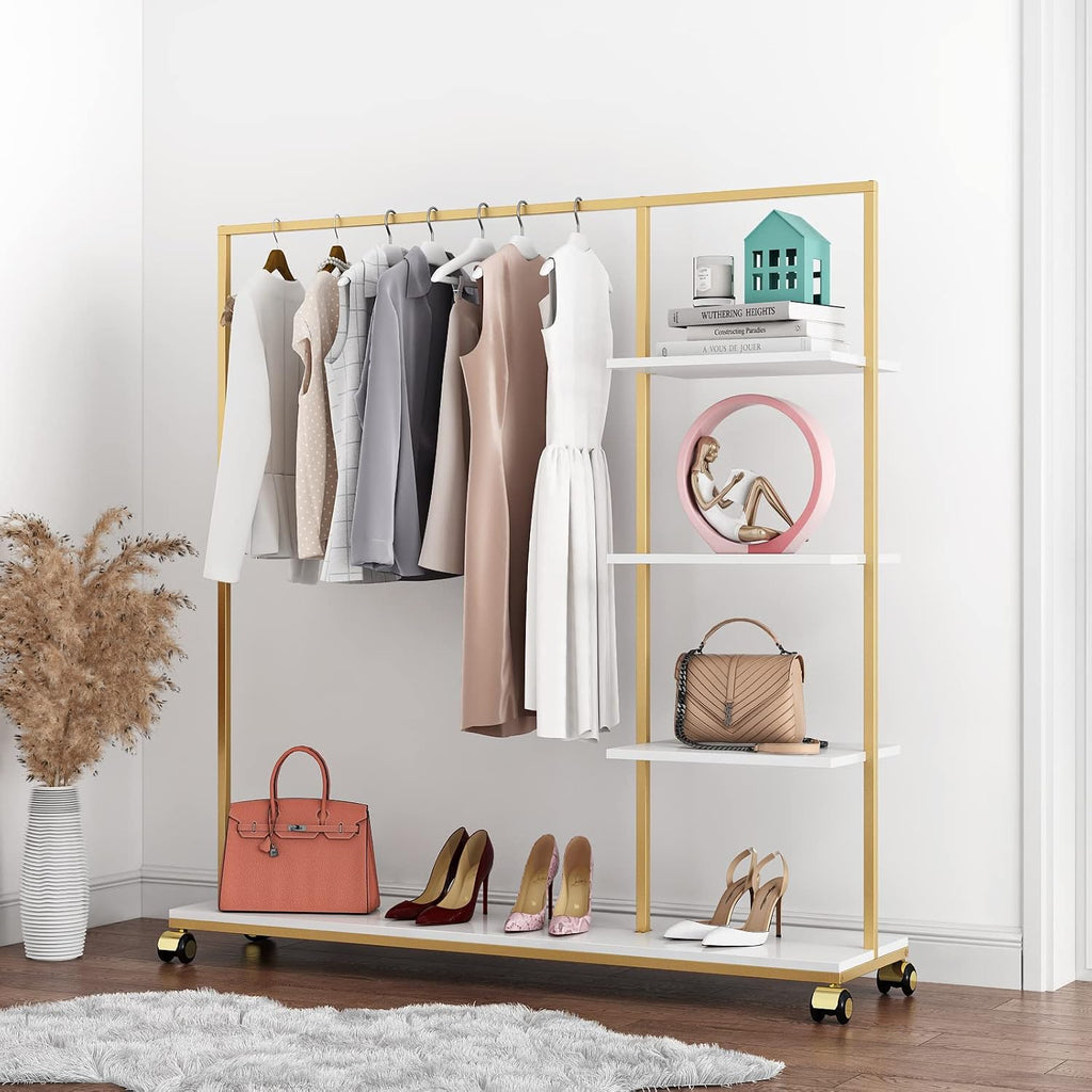 Metal Gold Clothing Rack for Boutique Use, Heavy Duty Garment Rack with Shelves for Retail Display (59L inches)
