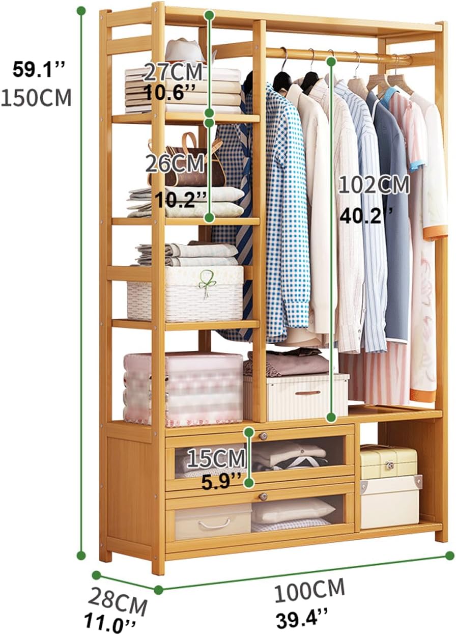 Bamboo Clothes Rack Storage Shelves w/2 Drawers Free Standing Garment Rack w/Side Hooks & Pants Rack Heavy Duty Clothing Hanging Rack for Hall