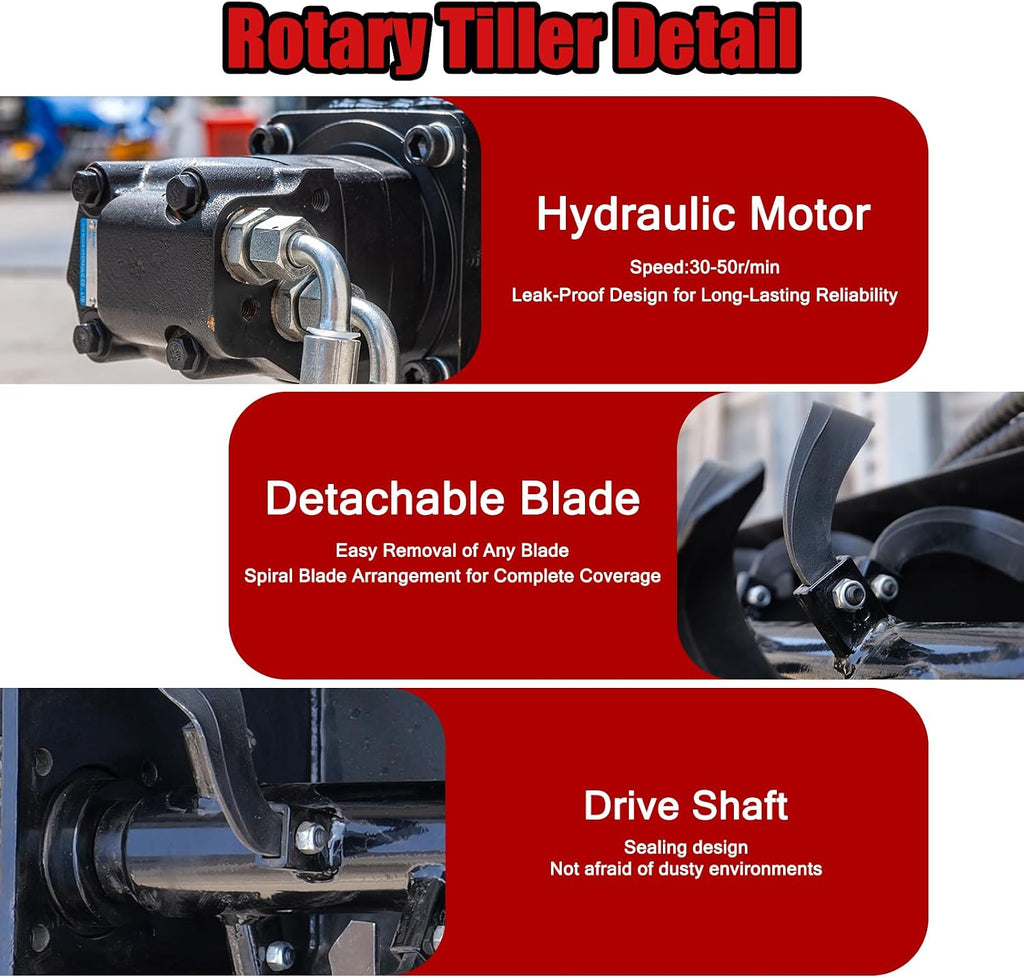 70' Hydraulic Rotary Tiller Attachment for Skid Steer Loaders, Heavy-Duty Skid Steer Soil Cultivator Attachments, 6' Tilling Depth, Ideal for Farmland, Garden,USA Stock