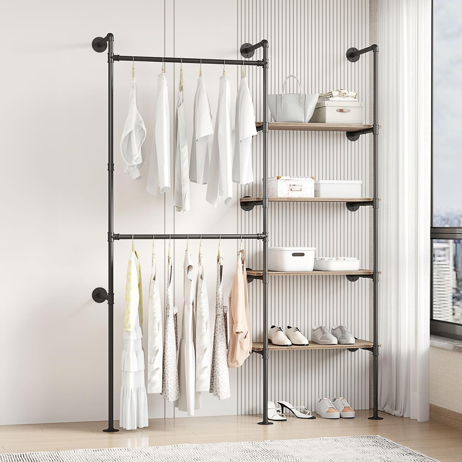 Industrial Pipe Clothing Rack, Hanging Rods Clothes Rack with Shelves, Clothes Rack for Wardrobe, Corner Closet System for Walk in Closets (Black, II-4Tier)